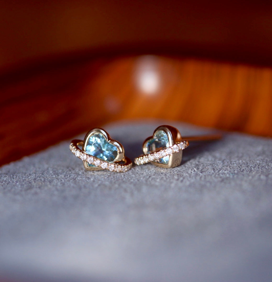 k18ハートシェイプアクアマリン×ダイヤモンド プラネットピアス