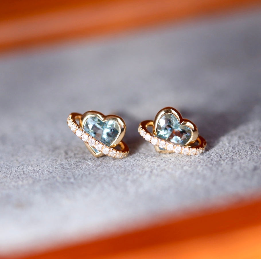k18ハートシェイプアクアマリン×ダイヤモンド プラネットピアス
