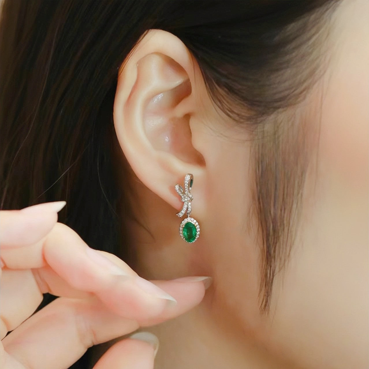 k18エメラルド×天然ダイヤモンドリボンピアス